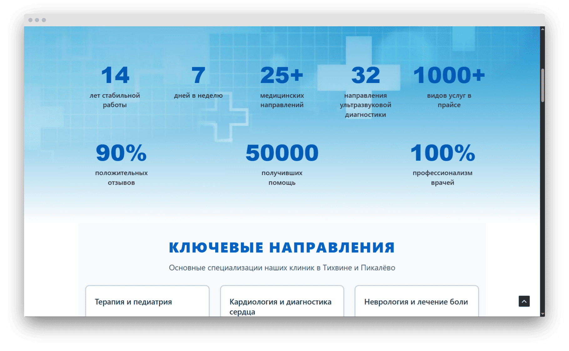 экран с фактами о клинике